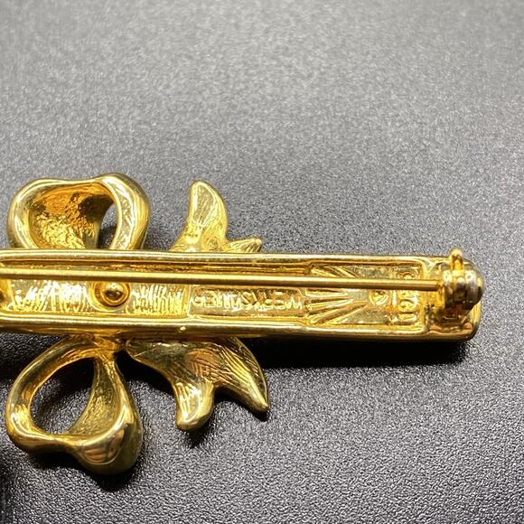 Vintage Merksamer Rhinestone Candy Cane Brooch Christmas Bow Gold Tone - Picture 5 of 7